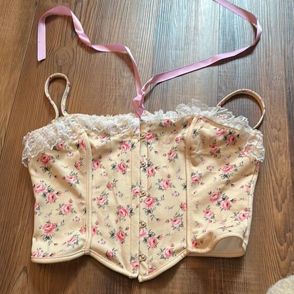 Amazon Floral Lace Trim Corset - Cream and Pink - Picture 6 of 11